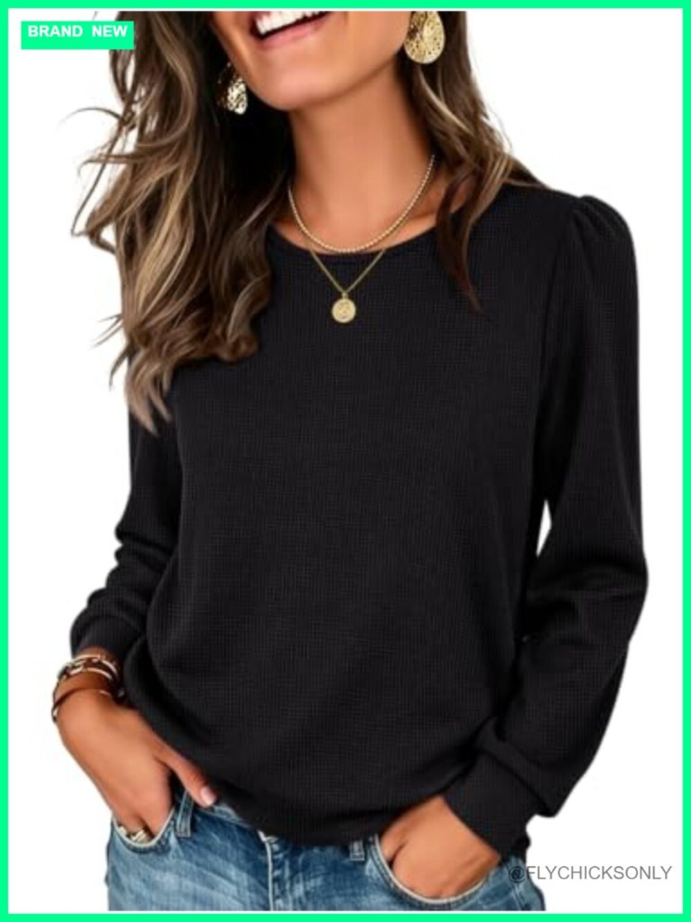 Waffle Knit Long Sleeve Tunic Top Loose Fit Crewneck Fall Layer